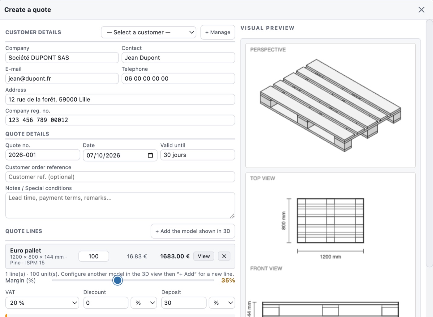 Przykład wielopozycyjnej oferty utworzonej w PalletLab