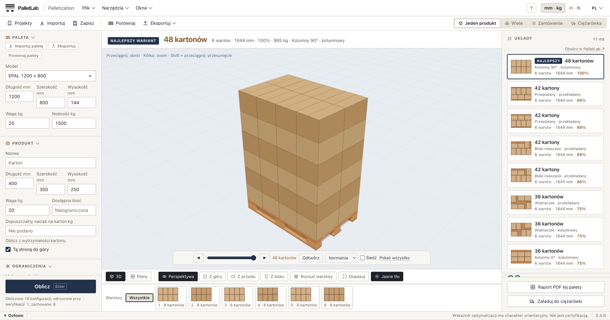 Plan paletyzacji w PalletLab Palletization