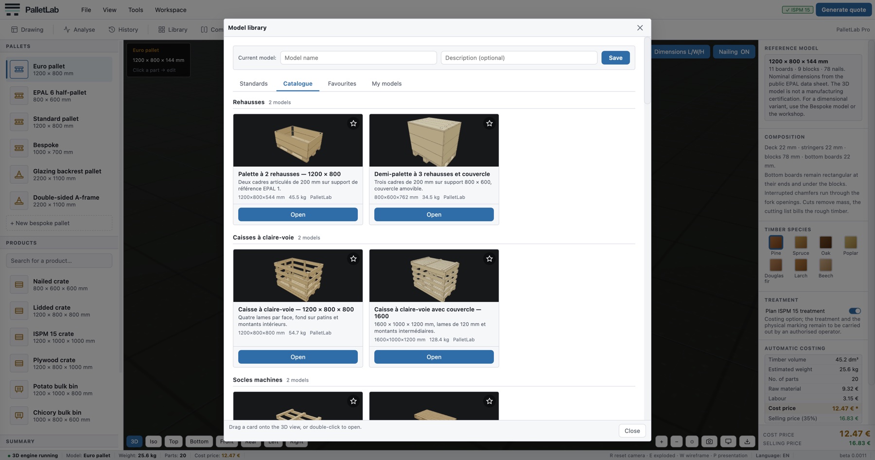 Biblioteka modeli PalletLab, zakładka Katalog, z modelami pogrupowanymi według rodzin i ich renderami 3D